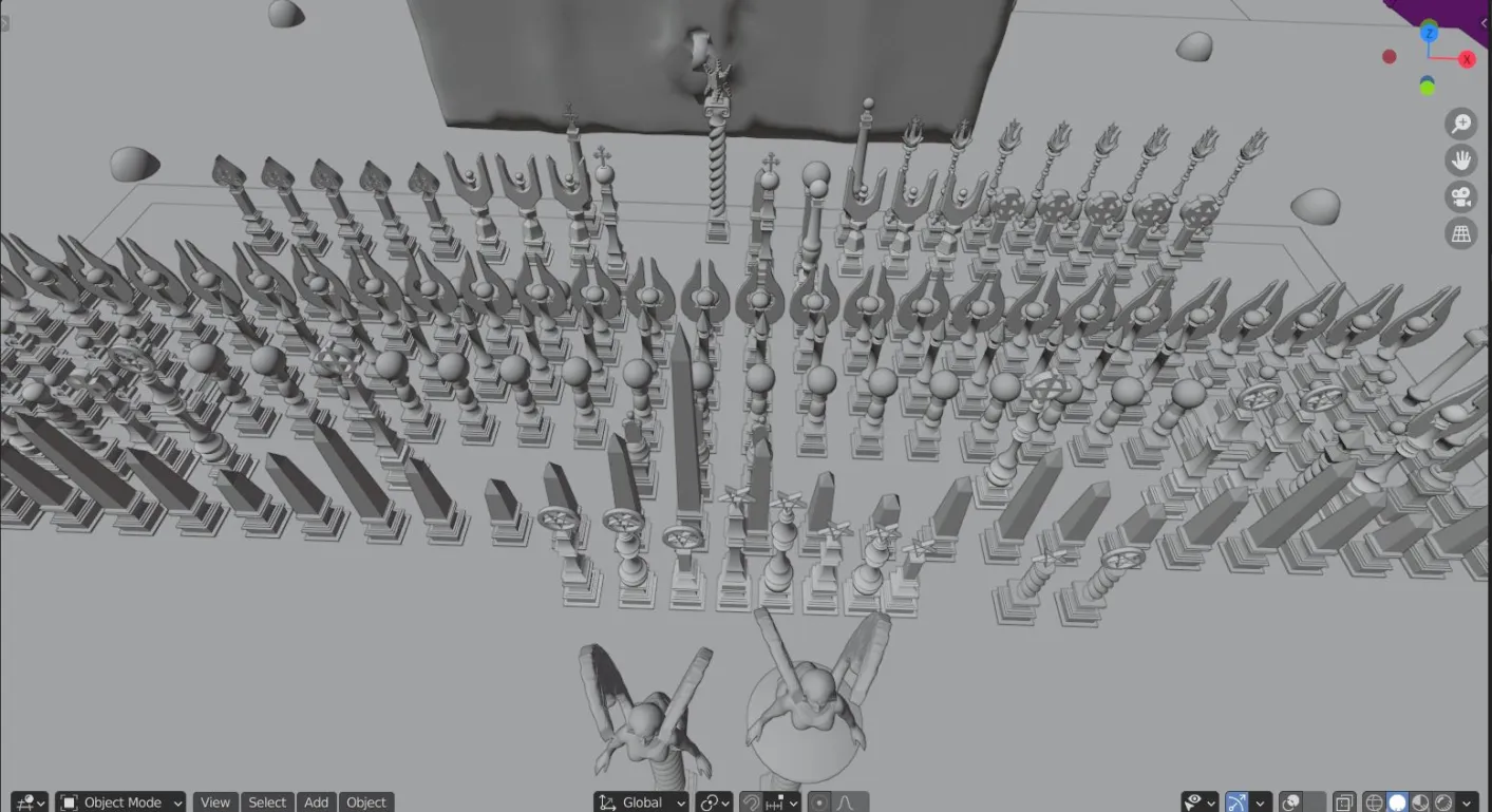 The pieces of Hessethean Chess modelled in 3D — ranked lines of ornate clergy, spears, and angelic figures.